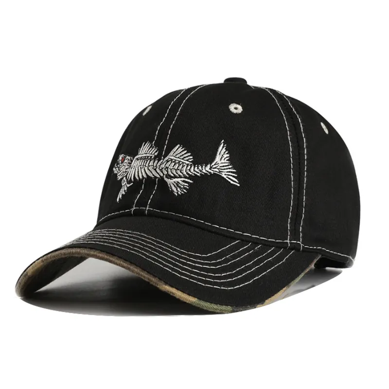 Fishbone Embroidery Baseball Cap For Men Cotton Polyester Outdoor Fishing Sun Hat Camouflage Trim Curved Brim Adjustable