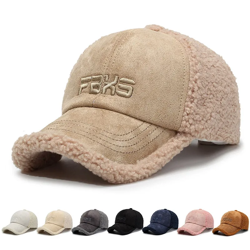 Winter Baseball Cap For Men Women Lamb Wool Suede Patchwork Warm Windproof Letter Embroidery Adjustable Curved Brim Hat