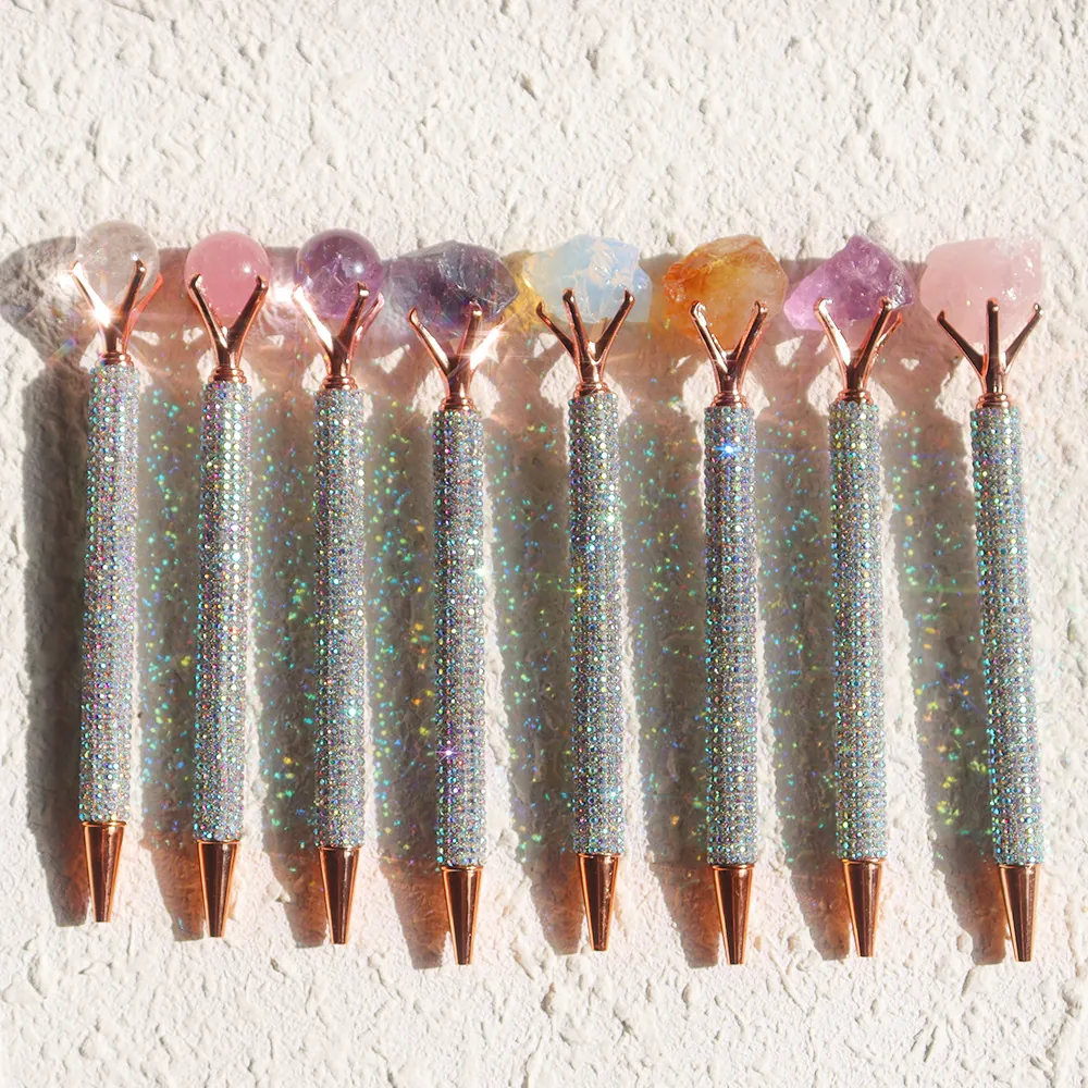 Ballpoint Pen With Natural Crystal Raw Stone And Rhinestone Rose Gold Metal Office Writing Stationery Gift For Women
