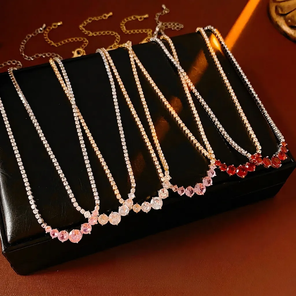 Graduated Round Zircon Pendant Necklace Copper Tennis Chain Light Luxury Elegant Clavicle Chain For Women Fashion Jewelry