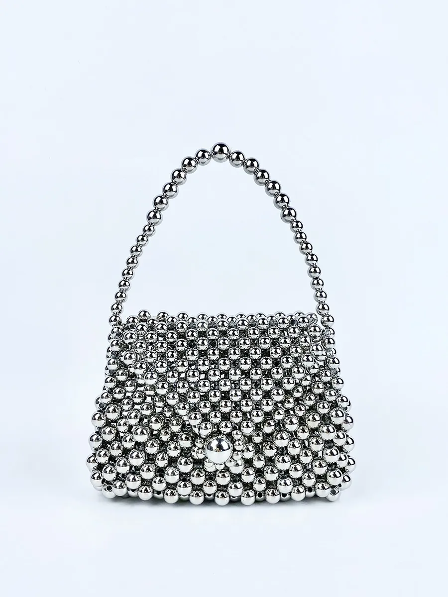 Hand-Woven Beaded Mini Handbag Silver Metallic Acrylic Beads Retro Elegant Small Square Evening Party Bag For Women