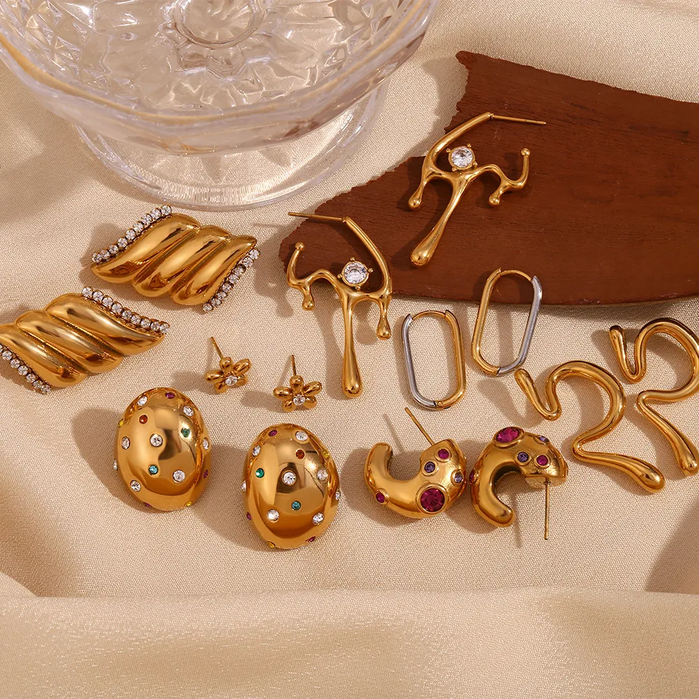 Vintage Stainless Steel Irregular Geometric Stud Earrings For Women Gold Plated Liquid Metal Rhinestone Earrings Jewelry