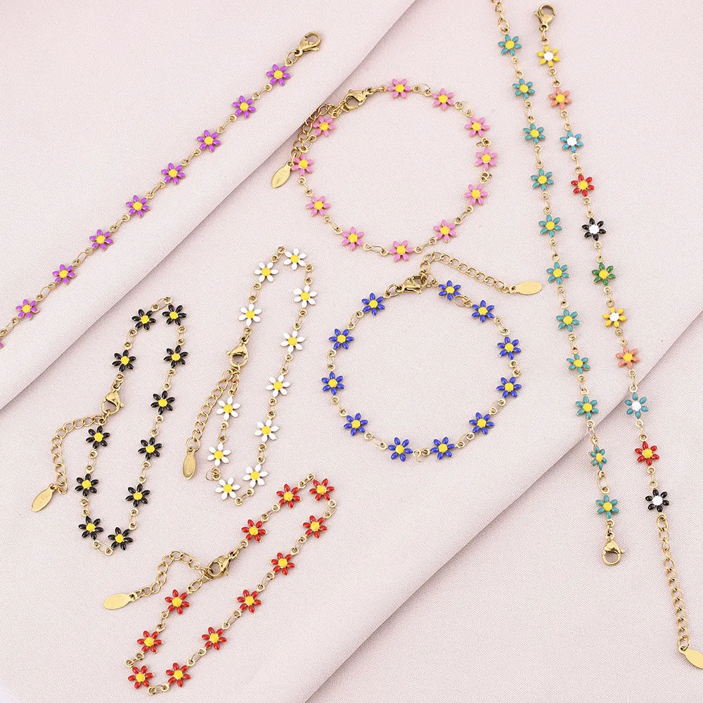 Stainless Steel Daisy Flower Enamel Bracelet Colorful Floral Charm Adjustable Chain Jewelry For Women