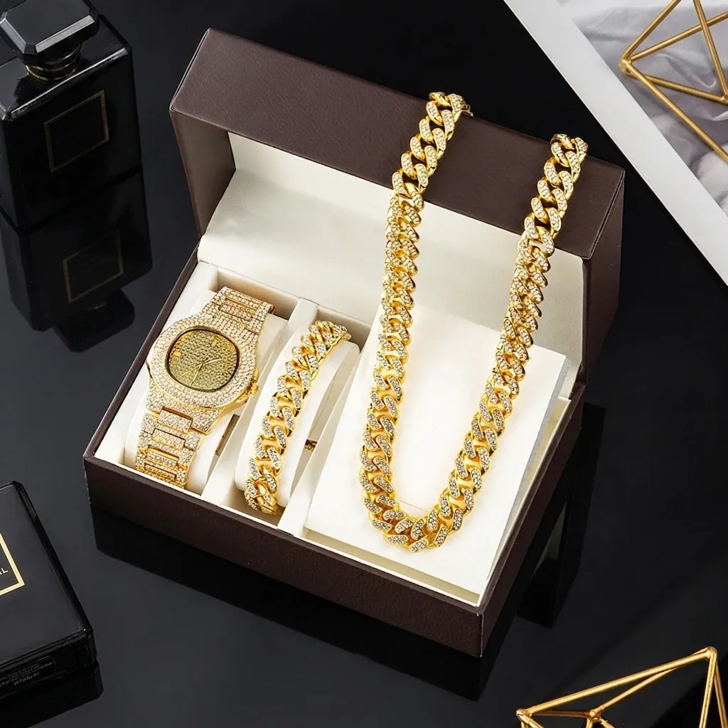 Luxury Hip-Hop Iced-Out Jewelry Rhinestone Watch Alloy Cuban Link Necklace And Bracelet Trendy Fashionable Accessories