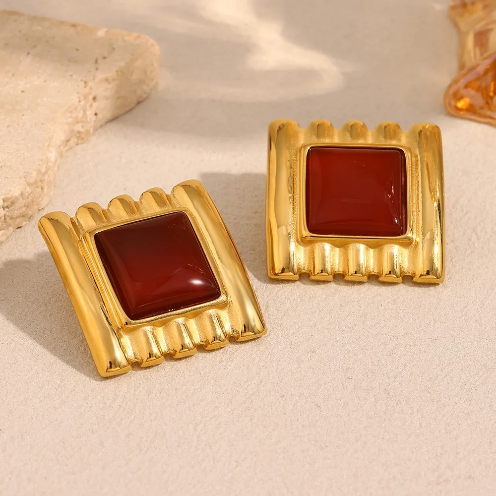 Square Stud Earrings Stainless Steel 18K Gold Plated Red Gemstone Vintage Jagged Edge Retro Geometric Jewelry For Women