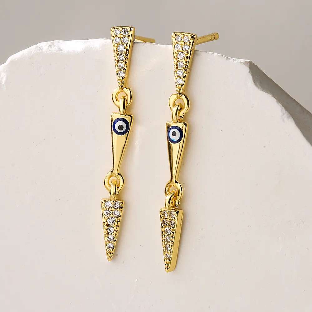 Geometrische Driehoek Drop Oorbellen Verguld Koper Boze Oog Micro Pave Zirkoon Emaille Boho Hanger Voor Dames