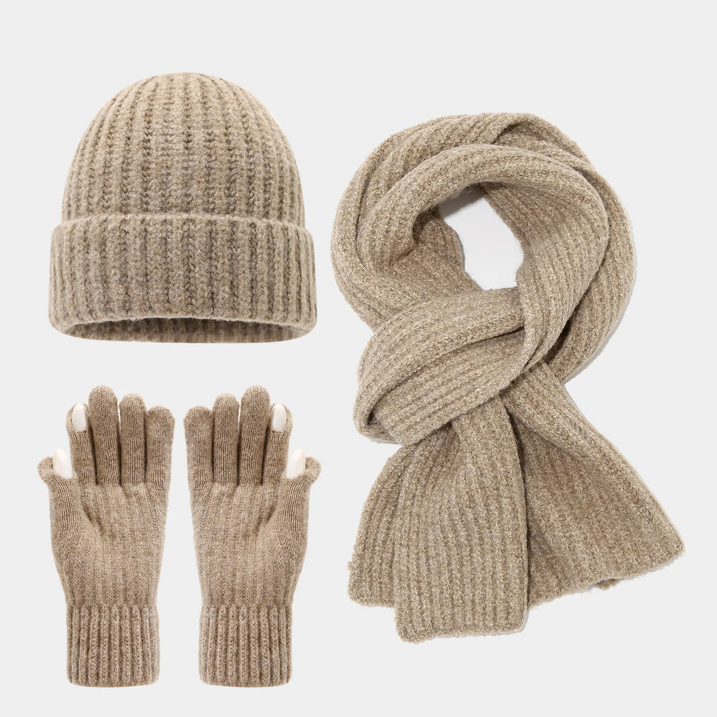Knit Winter Hat Scarf And Gloves Ribbed Warm Touchscreen Solid Color Outdoor Thick Thermal Accessories