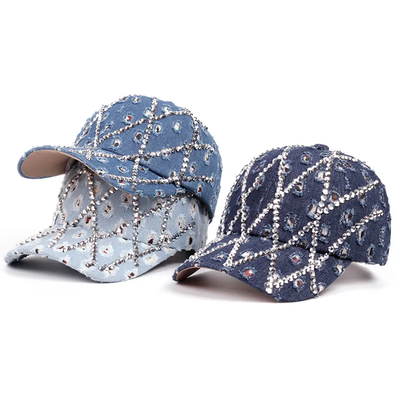Rhinestone Denim Baseball Cap Distressed Ripped Cotton Adjustable Sun Hat Streetwear Fashion For Women Men Outdoor