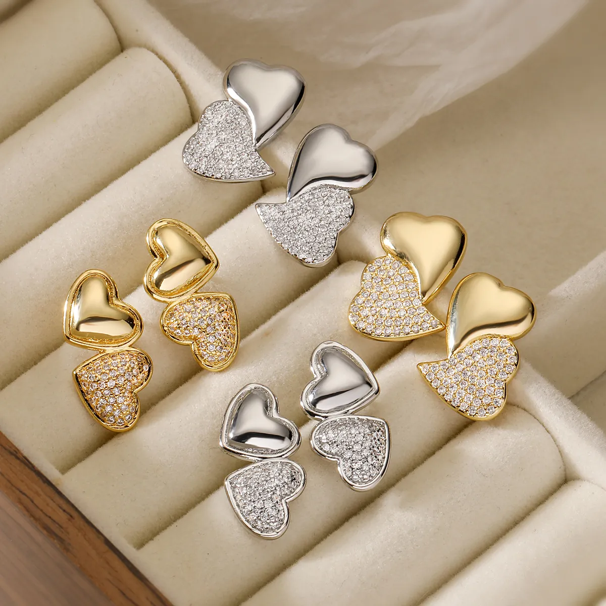 Double Heart Stud Earrings 18K Gold Plated Brass With Zircon Elegant Niche Design Small Fashionable Jewelry For Women
