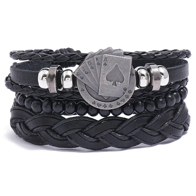 Men Bracelets Braided Faux Leather Wood Bead Metal Poker Card Spades Charm Adjustable Knot Vintage Punk Accessories