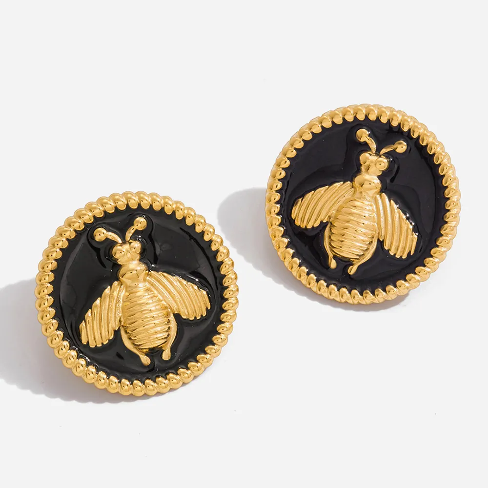 Boucles d'Oreilles Clous Abeille Vintage en Acier Inoxydable pour Femme Plaqué Or 18K Pièce Ronde Émail Noir Bijoux