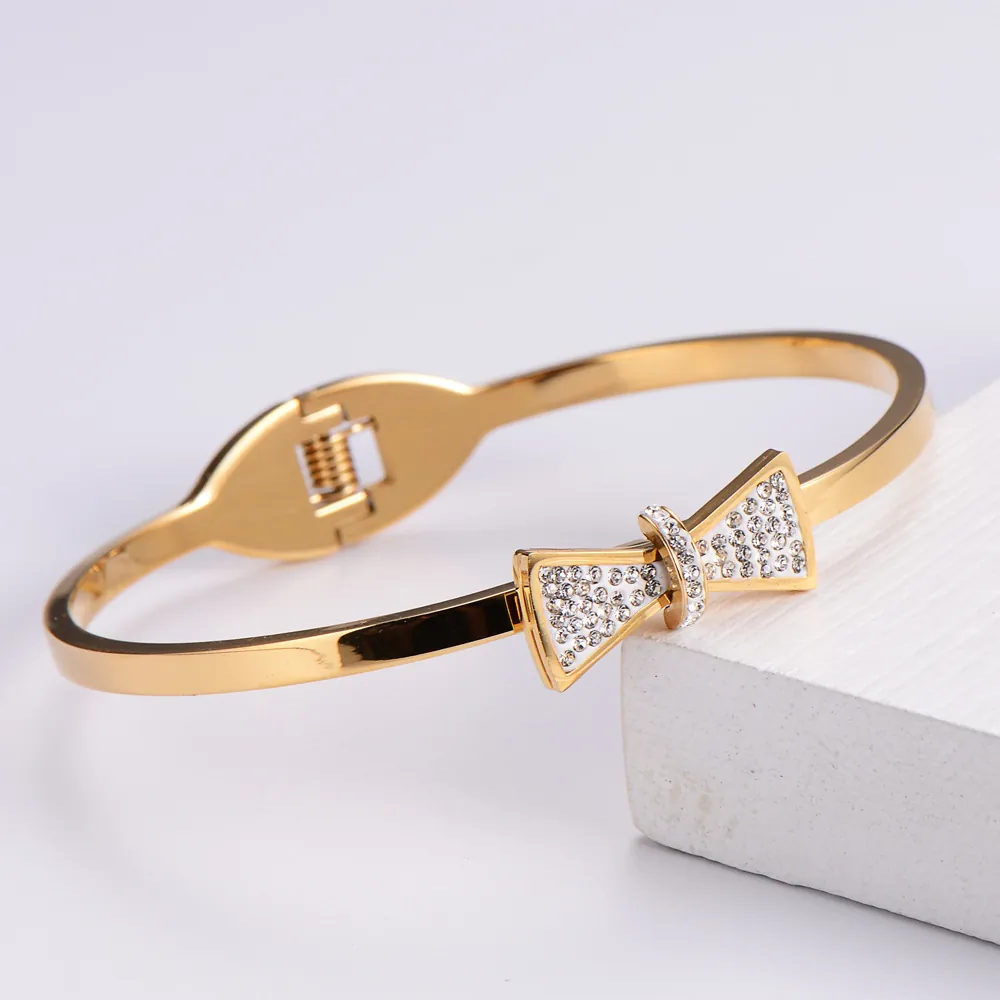 316L Stainless Steel Bowknot Bangle For Women With 18K Gold Plated Rhinestone Inlaid Delicate Fashion Jewelry