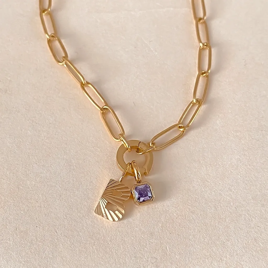 Collana a Catena a Graffetta in Acciaio Inossidabile per Donna Gioielli Personalizzati Con Ciondolo a Lettera a Taglio Diamantato Strass Viola