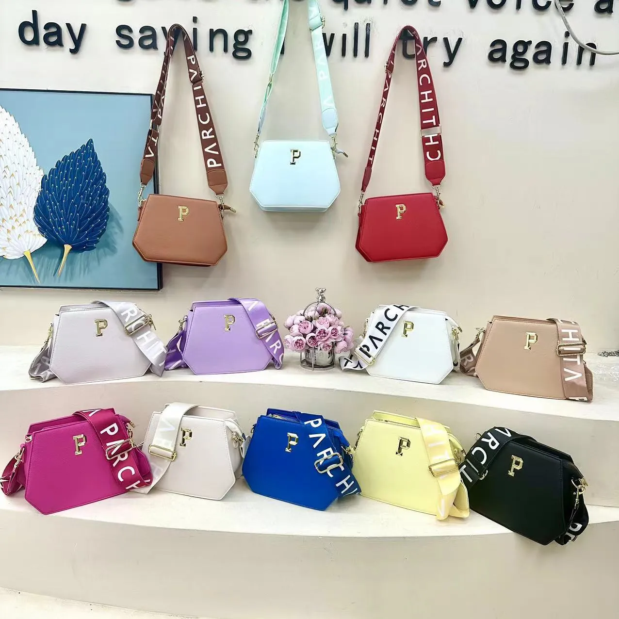 Hexagonal Crossbody Bag PU Leather Geometric Handbag With Wide Letter Print Adjustable Strap For Women Daily Casual Style