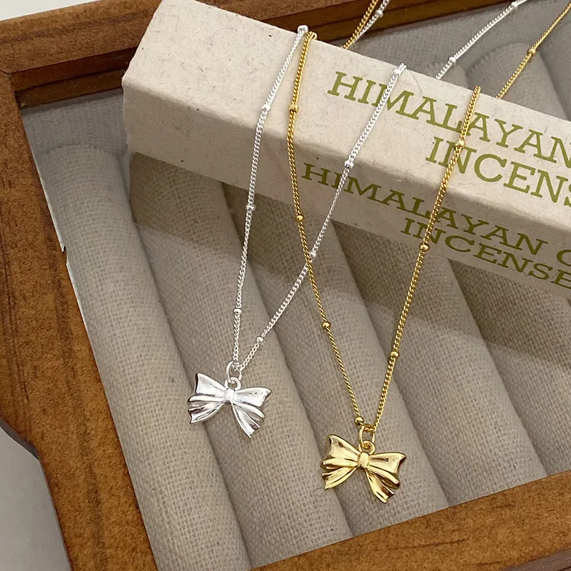 925 Sterling Silver Bow Pendant Necklace Minimalist Sweet Clavicle Chain Fine Jewelry Accessory For Women Gift