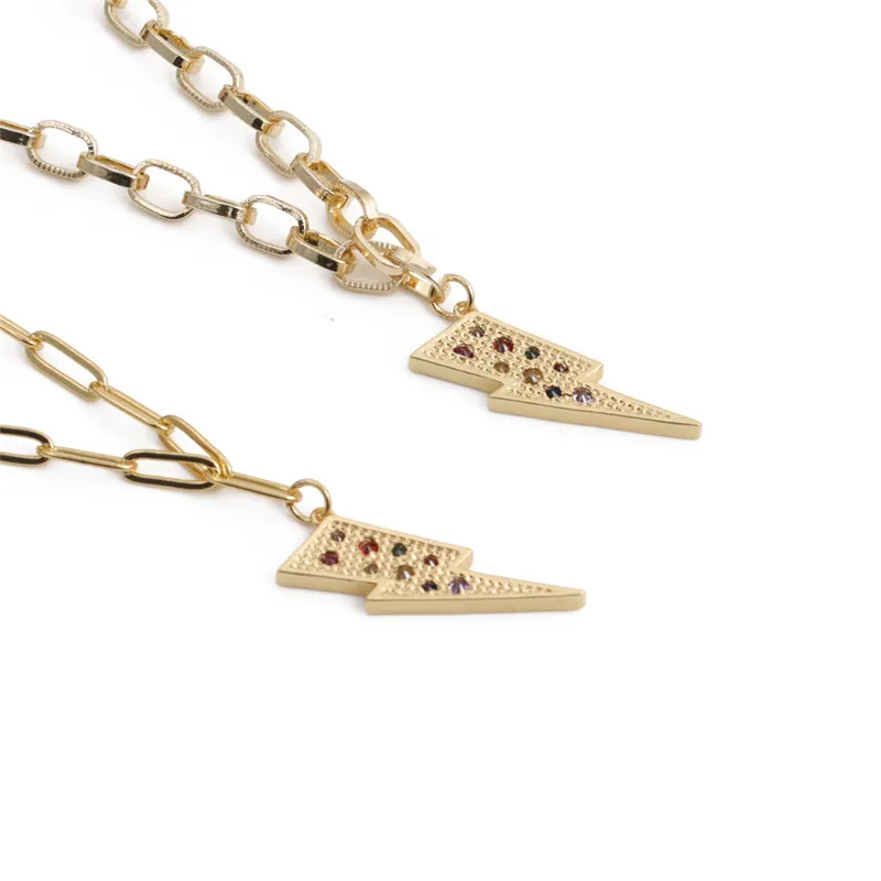 Collier Pendentif Éclair Hip Hop Cuivre Plqué Or Avec Pierres Précieuses Colorées Chaîne Trombone Bijoux Punk