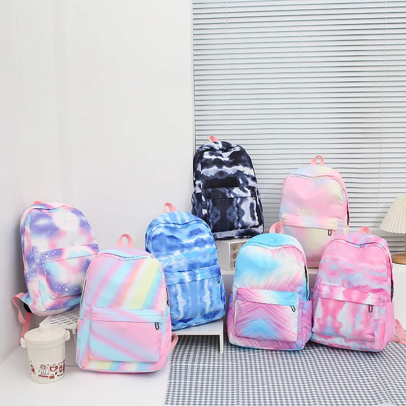 Tie Dye Gradient Backpack With Lunch Bag And Pencil Case Waterproof Nylon Large Capacity School Travel Bag For Students Teen Girls