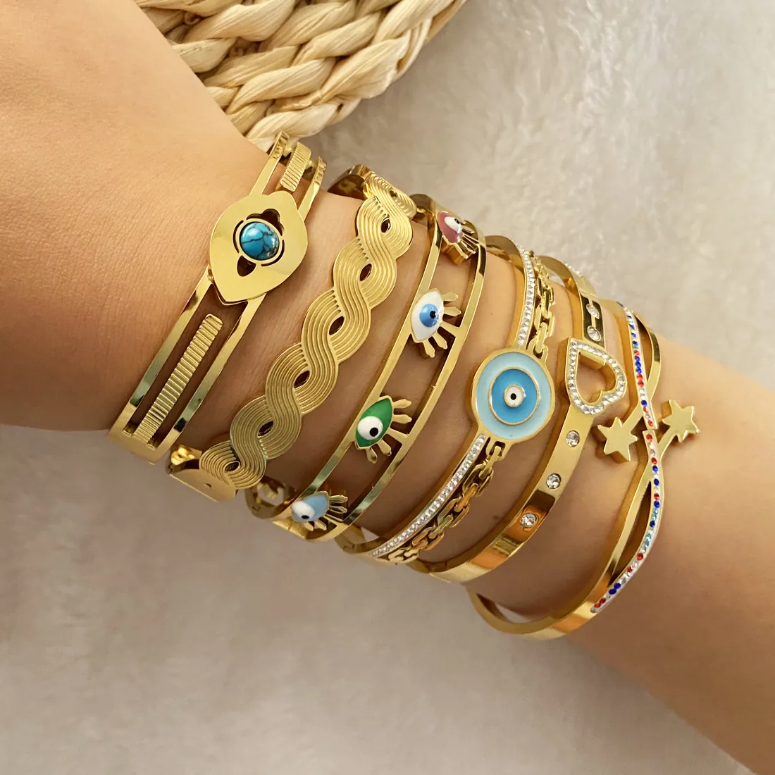 Evil Eye Bangle Bracelet Stainless Steel Gold Plated Heart Star Enamel Rhinestone Boho Fashion Jewelry For Women