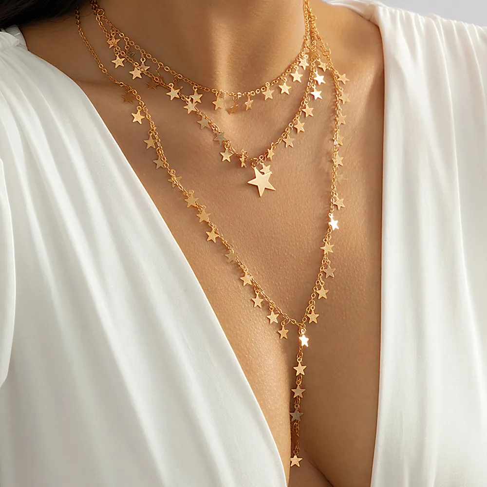 Collana Multistrato Rame Lega Pendenti Stelle Nappa A Forma Di Y Geometrico Minimalista Gioielli Alla Moda Per Donne
