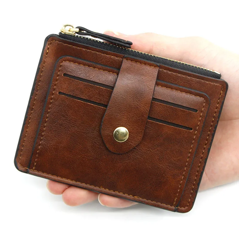 PU Leather Card Holder Multi Slot Wallet With Zipper Pocket Snap Closure Vintage Minimalist For Women