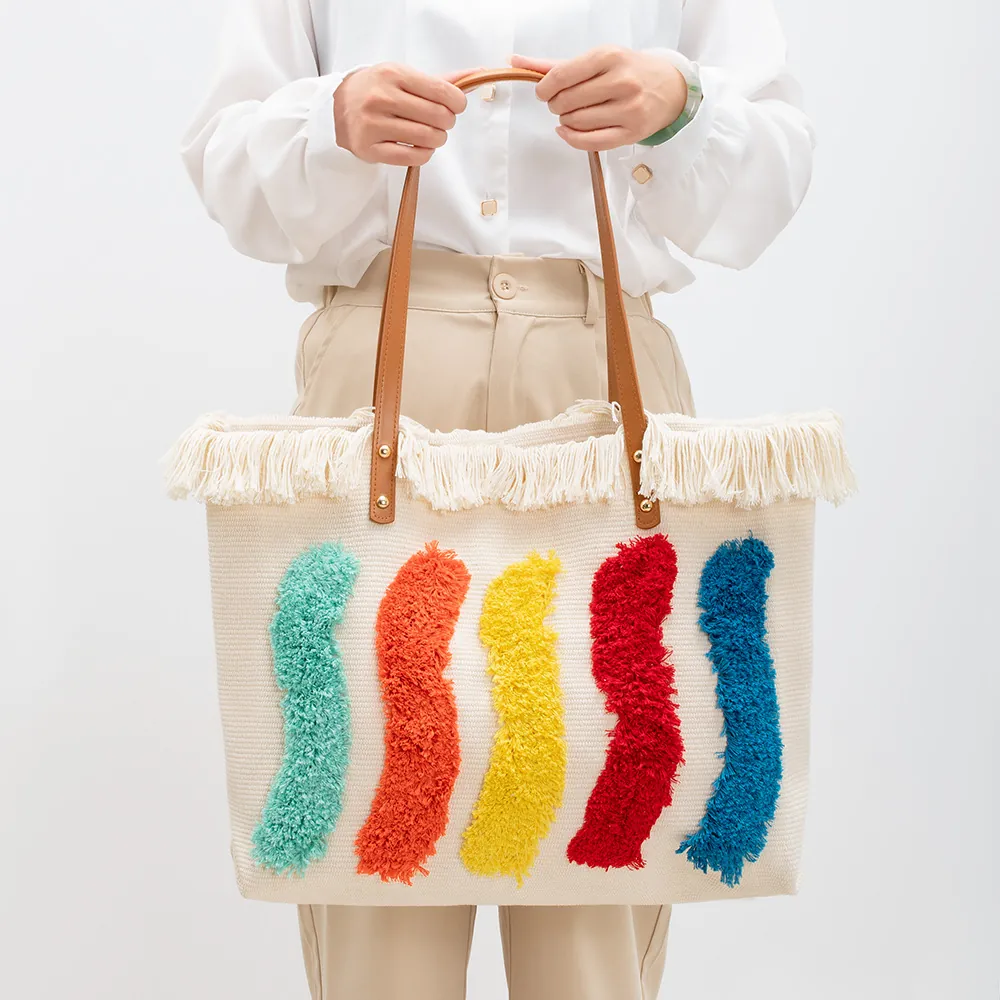 Borsa Tote In Tela Boemia Grande Capacità Con Frange Ciuffi Colorati Borsa A Tracolla Casual Per Donna Vacanze