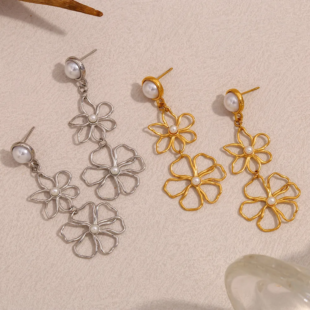 Hollow Flower Artificial Pearl Drop Earrings 316L Stainless Steel 18K Gold Plated Long Dangle Floral Jewelry For Women