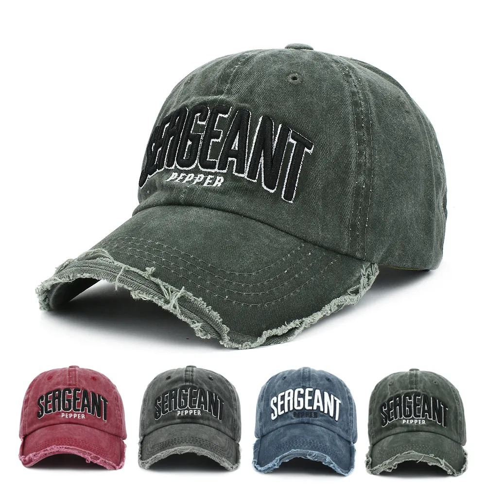 Vintage Washed Cotton Baseball Cap Distressed Frayed Brim Letter Embroidery Retro Adjustable Sun Hat For Men Women