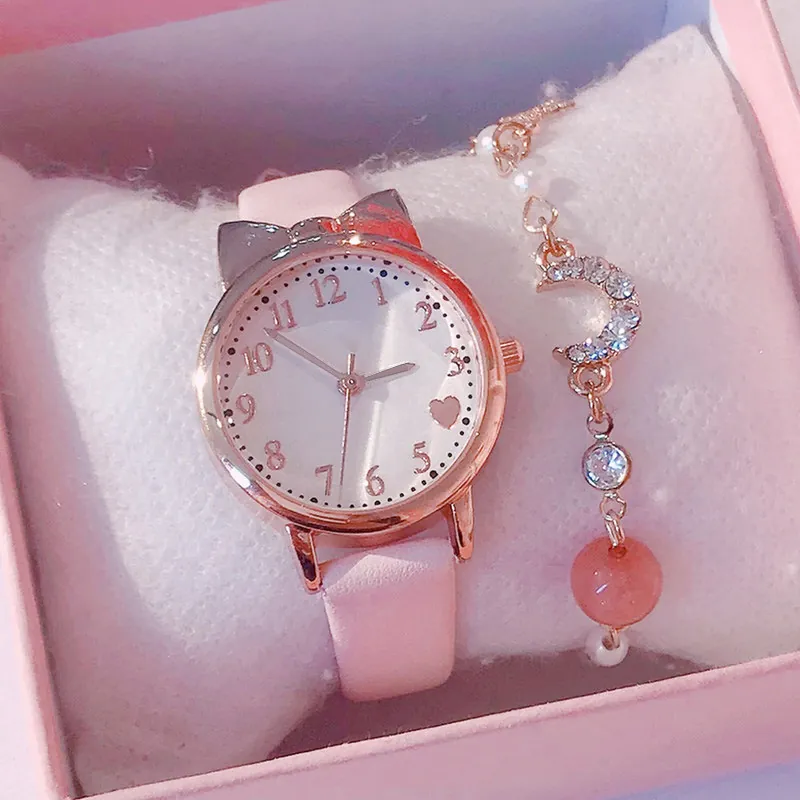 Women Quartz Watch And Bracelet Cute Cat Ear Alloy Case Faux Leather Strap Heart Dial Analog Wristwatch For Girls
