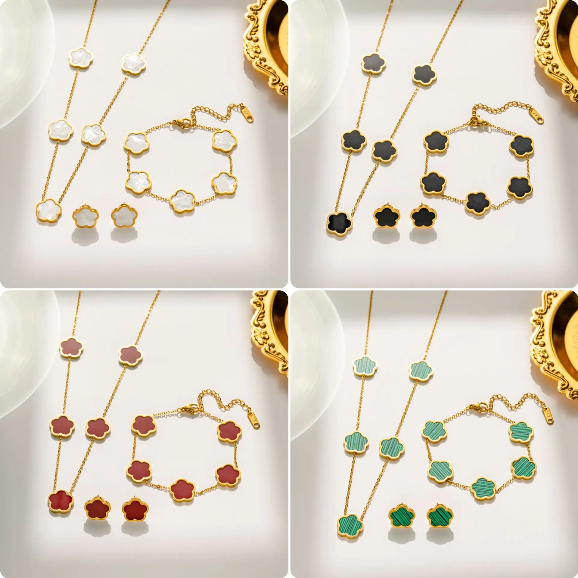 Elegante Minimalistische Blumenarmbänder Ohrringe Und Halskette Aus Titanstahl Mit Muschel-inlay