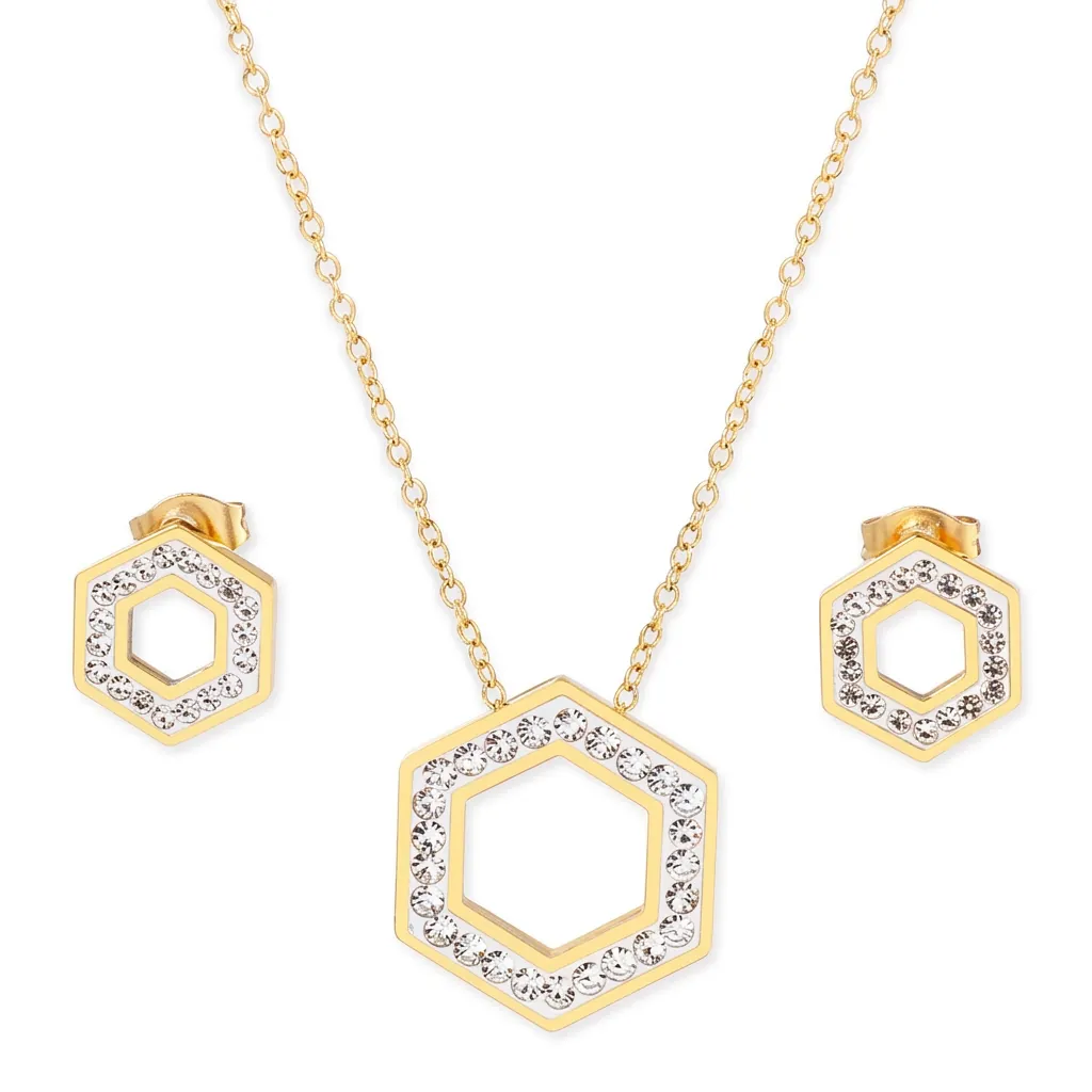 Edelstahl Sechseck Halskette Und Ohrringe Set Mit Glänzenden Strasssteinen Geometrischer Hohler Schmuck Für Frauen