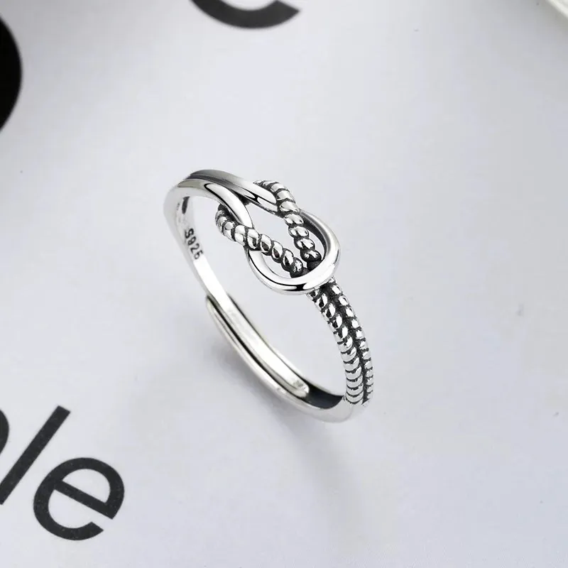 925 Sterling Silver Twist Knot Open Ring For Women Vintage Thai Silver Style Adjustable Punk Hip Hop Simple Fashion Jewelry