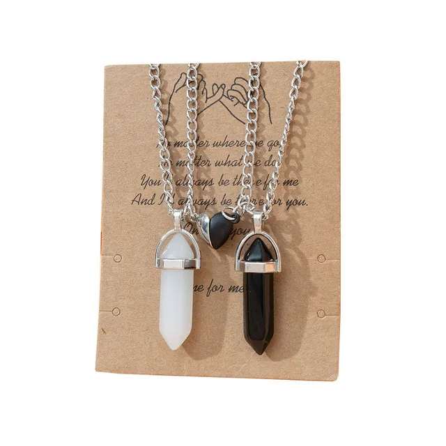 Magnetic Heart Couple Necklace Natural Stone Crystal Hexagonal Pillar Pendant Alloy Chain Lovers Friends Jewelry Gift