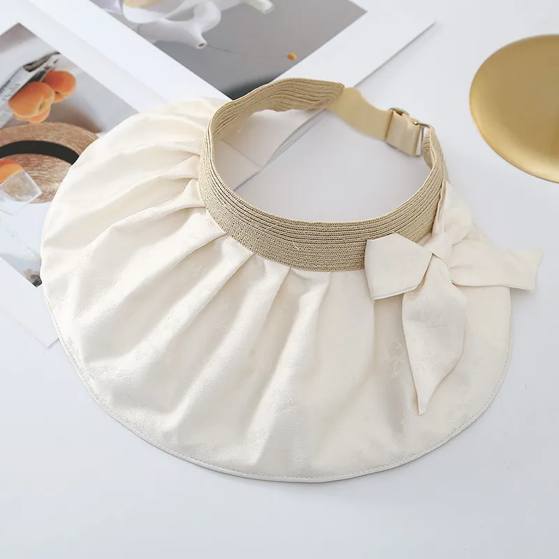 Women Sun Visor Hat UV Protection Large Brim Foldable Bow Decor Satin Straw Woven Empty Top Shell Beach Cap Elegant