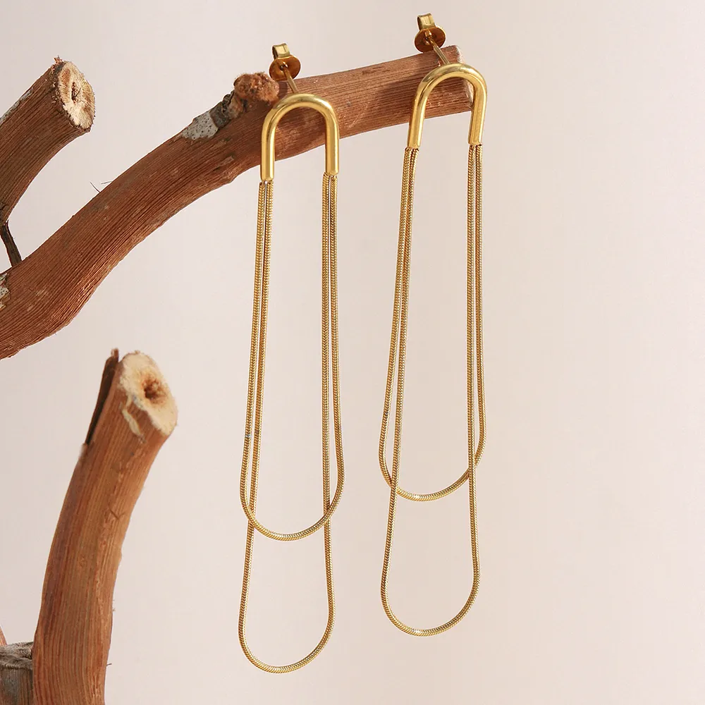 Double Snake Chain Tassel Earrings Stainless Steel 18K Gold Plated U Shape Stud Geometric Drop Jewelry For Women