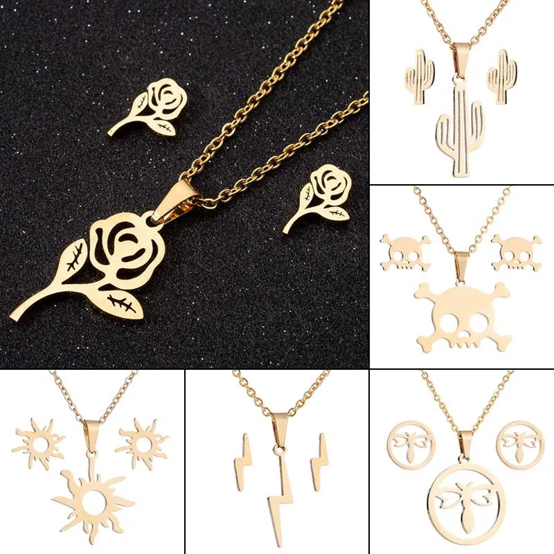 Fashion Stainless Steel Women Hollow Out Sun Rose Cactus Skull Pendant Necklace And Stud Earrings Simple Jewelry