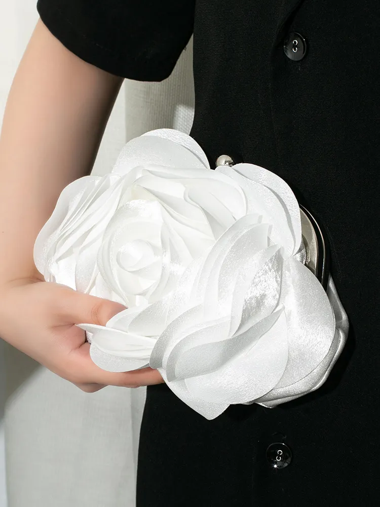 3D Rose Satin Evening Clutch Bag With Detachable Metal Chain Shoulder Crossbody Purse For Wedding Bridal Party Elegant