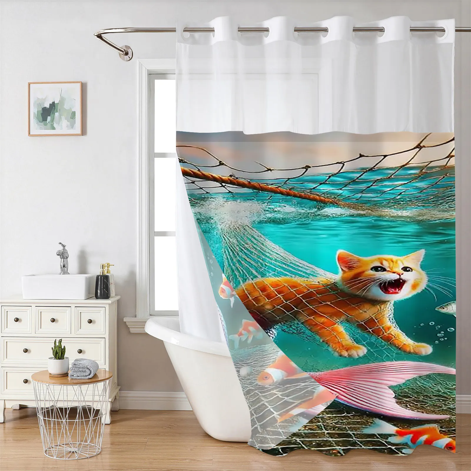 Hookless Shower Curtain Waffle Weave Fabric With Snap In Removable Liner Top Mesh Sheer Window Waterproof Bathroom Decor