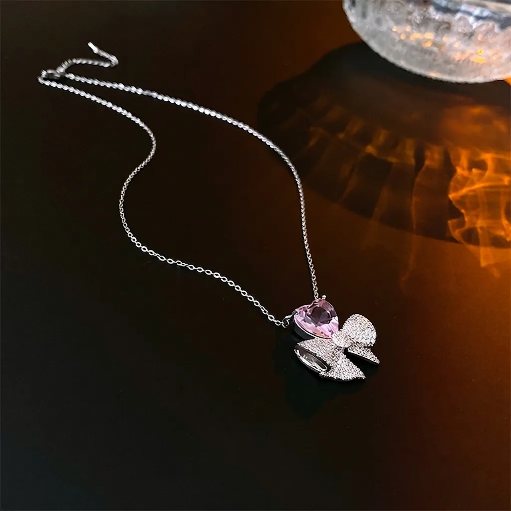 Collier Et Boucles Oreilles Noeud Papillon Zircon Coeur Rose Bijoux Pour Femmes Zircone Romantique Doux