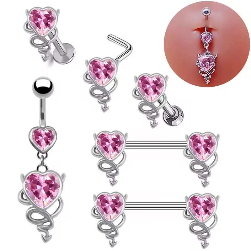 Joyas Para Piercing Corporal Diablo Corazón Rosa Circón Acero Inoxidable Anillo De Ombligo Pasador De Nariz Labio Pezón