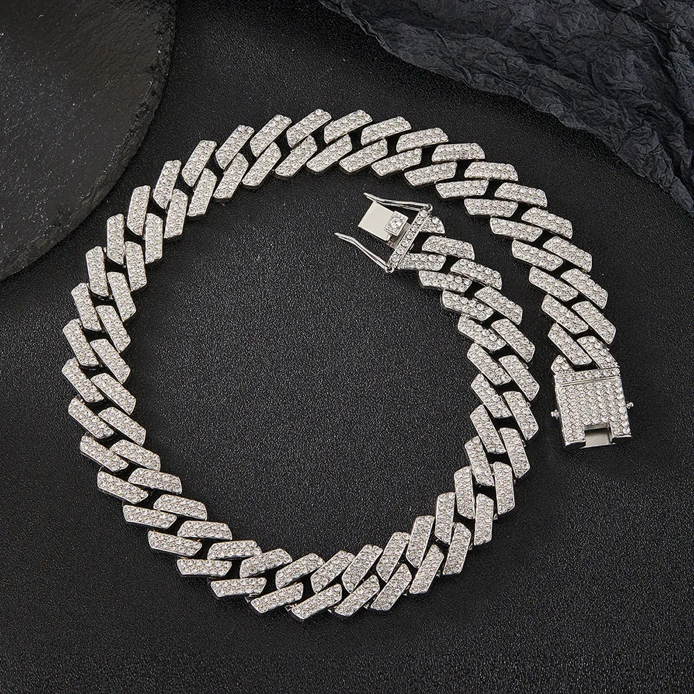 Hip Hop Cuban Link Necklace Iced Out Alloy Rhinestone Double Row Chain Heavy Luxury Jewelry For Men Women