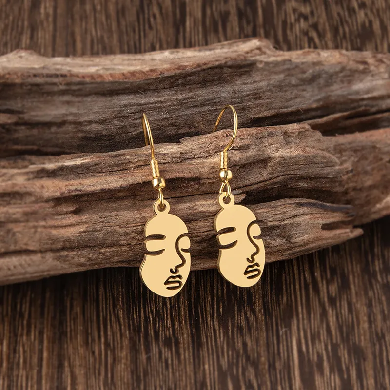 Vintage Stainless Steel Abstract Face Drop Earrings For Women Minimalist Hollow Out Line Art Dangle Earrings Jewelry Gift