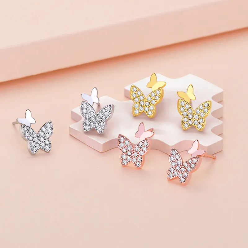 Minimalist Copper Butterfly Stud Earrings For Women Shiny Rhinestone Inlaid Sweet Fresh Animal Earrings Fashion Jewelry