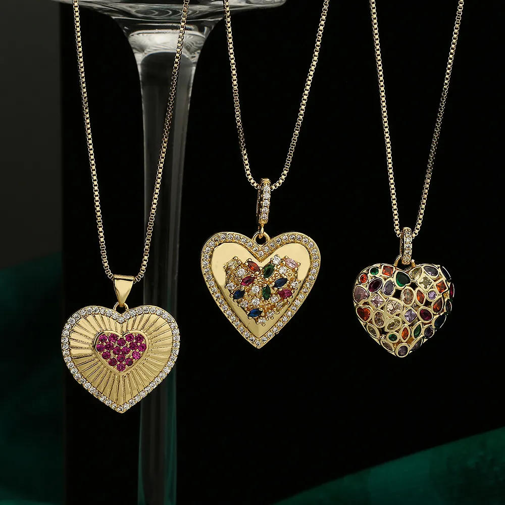 Heart Pendant Necklace Elegant Multi Colored Zircon Copper Clavicle Chain Minimalist Jewelry Gift For Women Gold Plated
