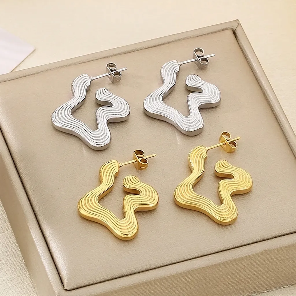 Irregular Wave Texture Stud Earrings 316L Stainless Steel Geometric Retro Minimalist Artistic Style Ear Jewelry For Women