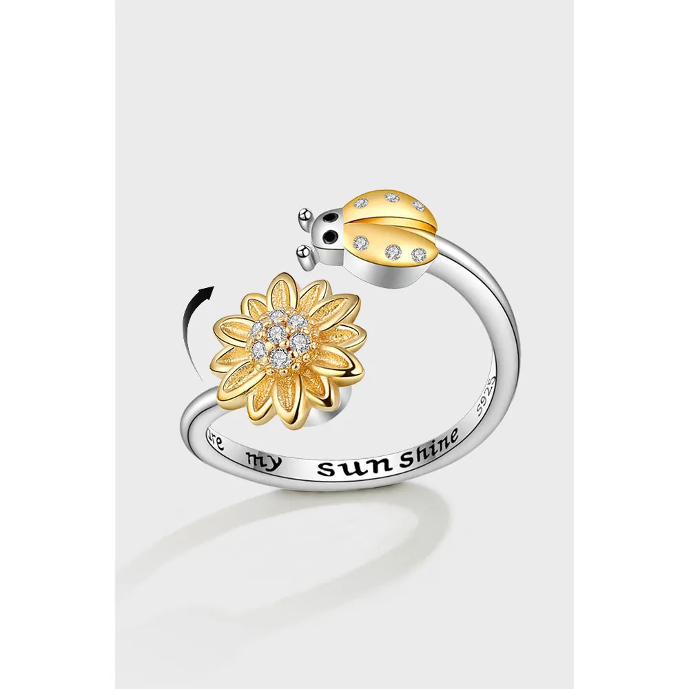 Anello Aperto in Argento Sterling 925 Con Girasole e Coccinella Ruotabile per Donna Sollievo dall'Ansia Gioielli Regolabili