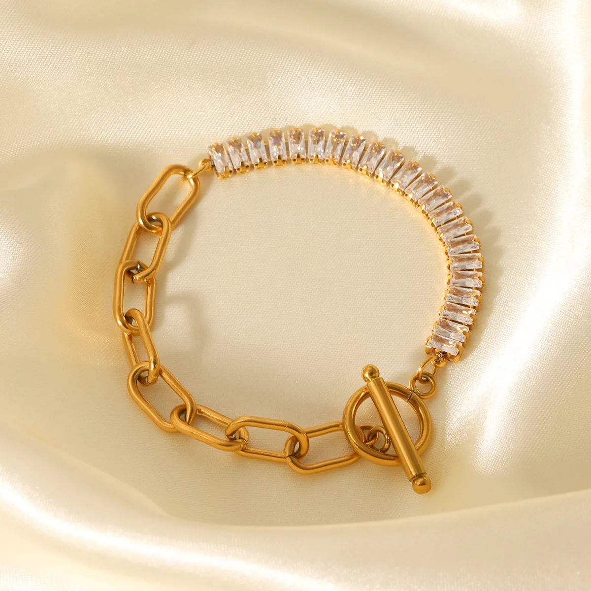 Edelstahl Armband Baguette Zirkonia Knebelverschluss Modeschmuck Für Frauen Elegantes Geschenk