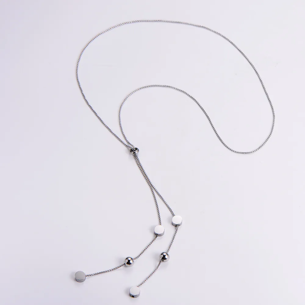 Adjustable Y-Shape Tassel Necklace 316L Stainless Steel Round Plate Bead Charm Box Chain Minimalist Jewelry For Women