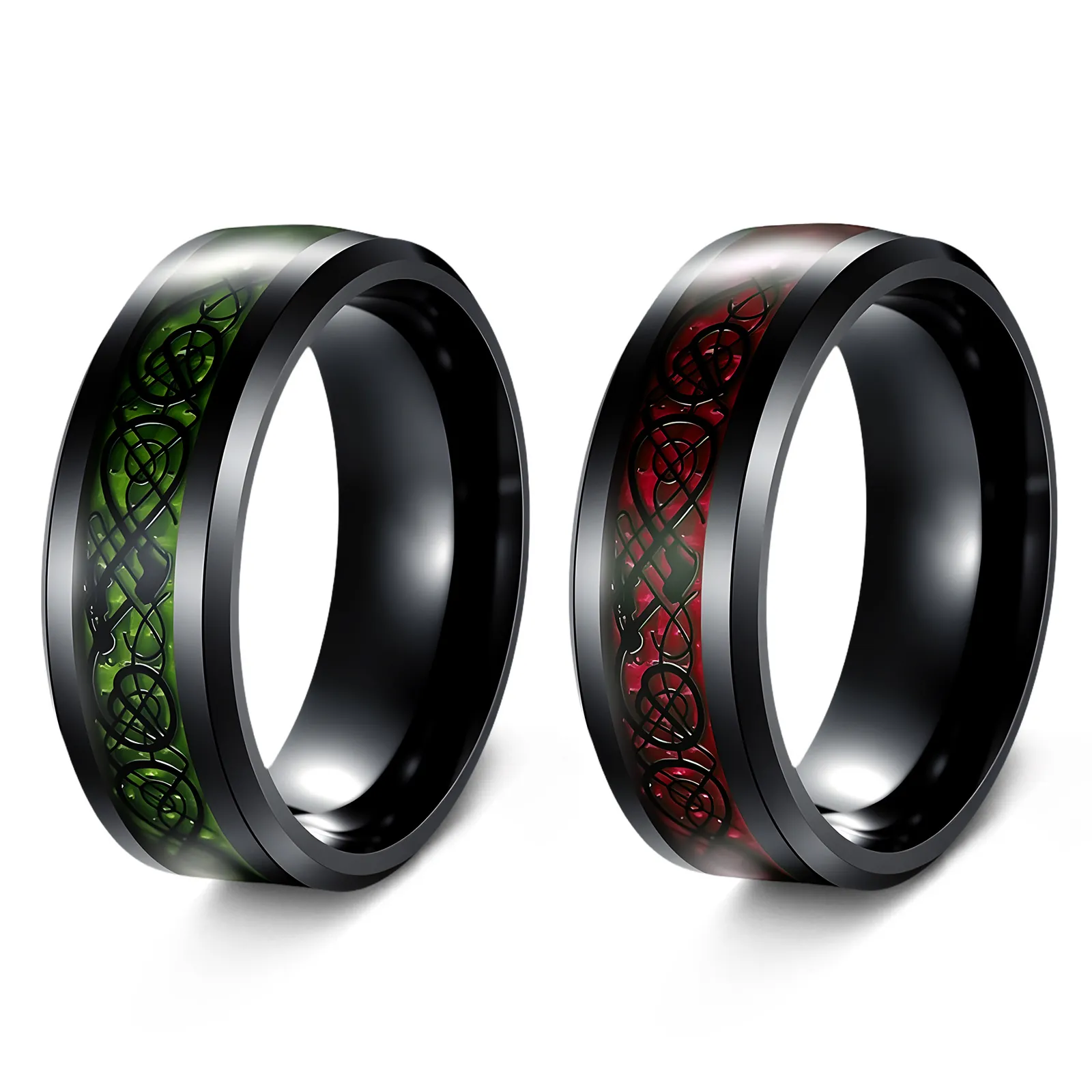 Schwarzer 304 Edelstahl Ring Keltischer Drache Rot Kohlefaser Inlay Poliert Abgeschrägte Kante Herren Punk Schmuck