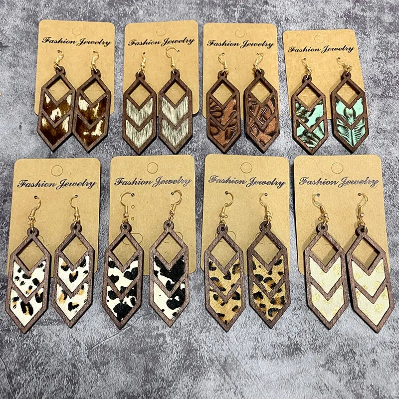 Geometric Wood Genuine Leather Pony Hair Drop Earrings Western Leopard Cow Print Bohemian Vintage Jewelry For Women