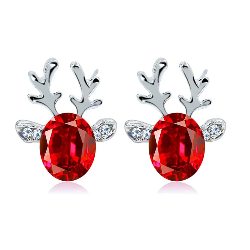 Christmas Reindeer Antler Stud Earrings Alloy Oval Crystal Gemstone Rhinestone Embellished Animal Jewelry For Women Party Holiday Gift